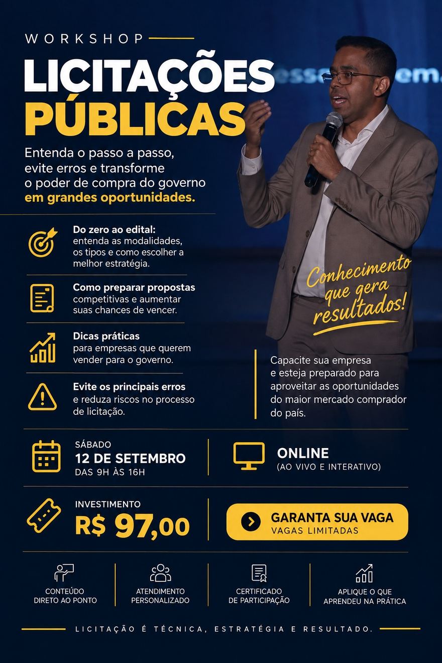 Criativo do Workshop Licitações Públicas: sábado, 12 de setembro, das 9h às 16h, online e ao vivo, investimento de R$ 97,00